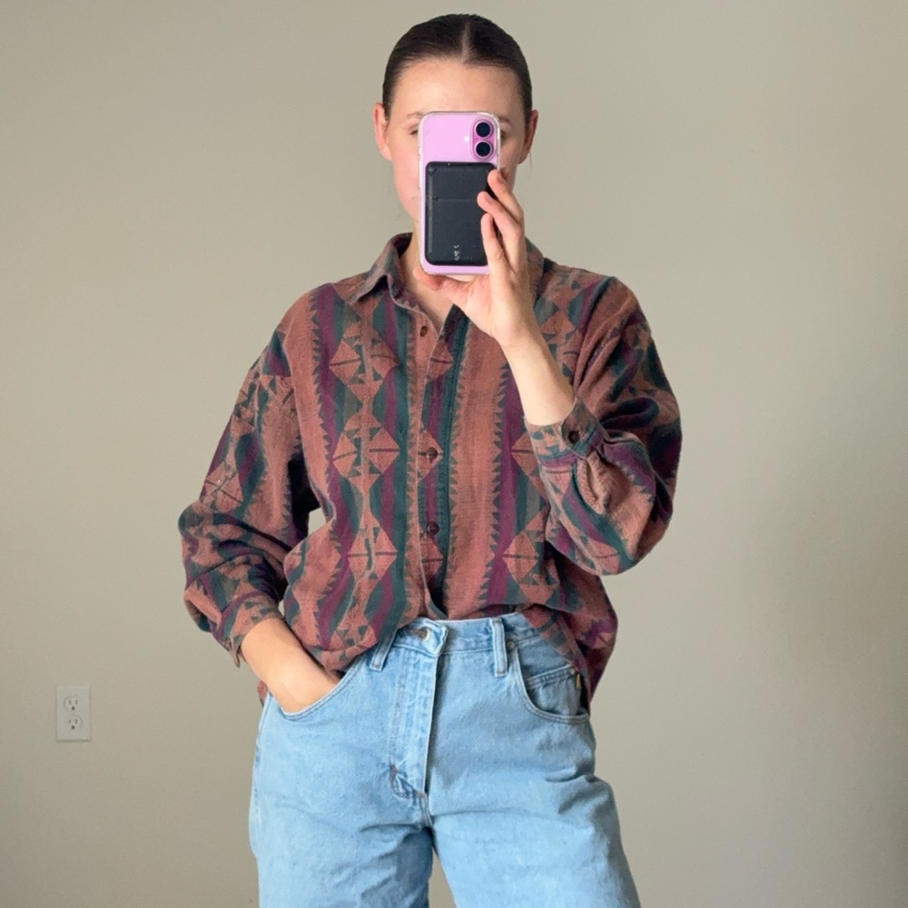 Vintage Indian Summer Aztec Western Style Button Down Long Sleeve Shirt